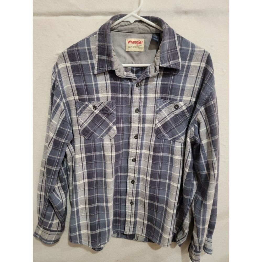 Wrangler Authentics Men's Large Blue Gray Plaid Flannel Shirt 100% Cotton‎ L
